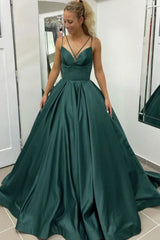 Dark Green Prom Dress with Spaghetti Straps and a Sweep Train in A-Line Silhouette