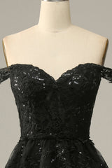 Black Off-the-Shoulder Corset Prom Dress with Lace A-Line Ruffles