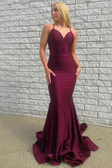 Burgundy Long Prom Dress with Mermaid Spaghetti Straps and Criss Cross Back