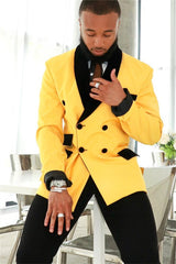 Stylish Slim Fit Yellow Black Shawl Men's Suits with Double-Breasted