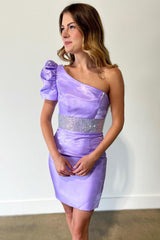 Sparkly Fuchsia Beaded One Shoulder Tight Short Homecoming Dress/Mini Dress