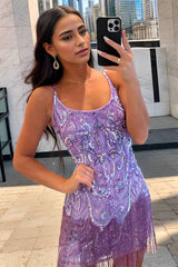 Sparkly Purple Sequins Spaghetti Straps Short Homecoming Dress/Mini Dress with Fringes