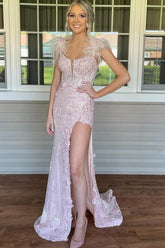 Mermaid Prom Dress with Lavender Appliques and Feathers