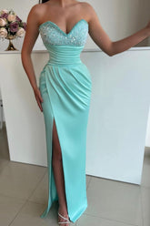 Sweetheart Sleeveless Light Blue Formal Dress Front Split With Beads
