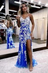 Blue Long Prom Dress with Mermaid Spaghetti Straps and Appliques