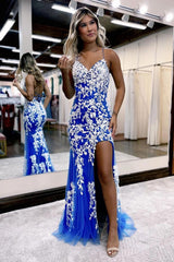 Blue Long Prom Dress with Mermaid Spaghetti Straps and Appliques