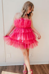 Pink Strapless A-Line Tiered Tulle Short Homecoming Dress/Mini Dress
