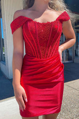 Red Off the Shoulder Tight Short Homecoming Dress/Mini Dress with Lace