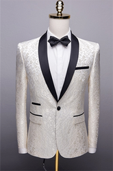 White Jacquard One Button Wedding Tuxedos with Black Shawl Lapel Men's Suits (Jacket Pants)