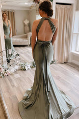 Light Green Mermaid Bridesmaid Dress with Deep V Neck and Open Back