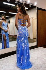 Long Blue Mermaid Prom Dress with Glitter Lace and Slit