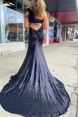 Black Sequined Long Prom Dress with Mermaid Cut and One-Shoulder Design