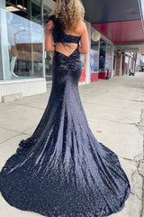 Black Sequined Long Prom Dress with Mermaid Cut and One Shoulder