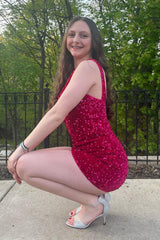 Sparkly Tight Fuchsia Sequins One Shoulder Homecoming Dress/Mini Dress