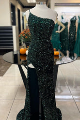 Long Dark Green Sparkly Prom Dress with One Shoulder and Front Split in Sequins