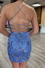Sparkly Blue Sequined Beaded Backless Tight Short Homecoming Dress/Mini Dress