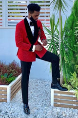 Elegant Velvet Lapel with Sparkle Red Black Wedding Suit for Groom