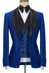 Fashion Slim Fit Royal Blue Sparkle Three-Piece One-Button Men's Suits