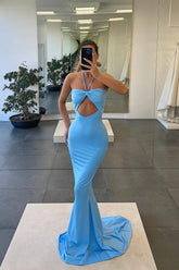 Strapless Blue Mermaid Evening Dress With Sleeveless Halter