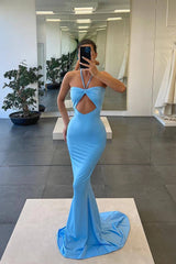 Strapless Blue Mermaid Evening Dress With Sleeveless Halter