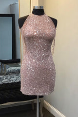 Sparkly Champagne Sequin Round Neck Tight Short Homecoming Dress/Mini Dress with Fringes
