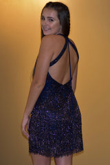 Dark Blue Open Back Sequins Homecoming Dress/Mini Dress