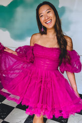Fuchsia Corset Puff Sleeves A-Line Short Homecoming Dress/Mini Dress with Ruffles