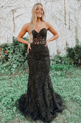Strapless Black Prom Dress Featuring Appliques