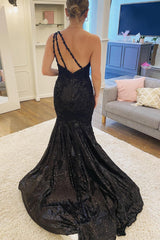Black Sequined Long Prom Dress with Mermaid Cut and One Shoulder