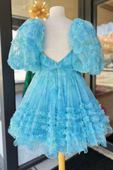 Blue Puff Sleeves A-Line Floral Short Homecoming Dress/Mini Dress with Ruffles