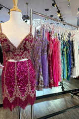 Sparkly Fuchsia Spaghetti Straps Bodycon Short Homecoming Dress/Mini Dress with Fringe