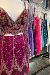 Sparkly Fuchsia Spaghetti Straps Bodycon Short Homecoming Dress/Mini Dress with Fringe