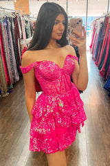 Sparkly Fuchsia A Line Tiered Lace Short Homecoming Dress/Mini Dress