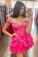 Sparkly Fuchsia A Line Tiered Lace Short Homecoming Dress/Mini Dress