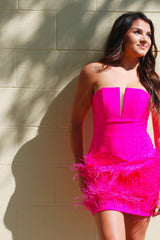 Sparkly Beaded Fuchsia Bodycon Feathered Homecoming Dress/Mini Dress