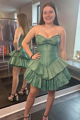 Green Corset Tiered Sweetheart A Line Short Homecoming Dress/Mini Dress