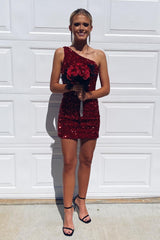 Sparkly Burgundy Sequins One Shoulder Tight Short Homecoming Dress/Mini Dress