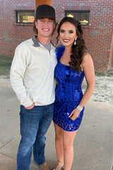 Sparkly Royal Blue Mirror One Shoulder Tight Homecoming Dress/Mini Dress With Feathers