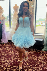 Glitter Blue Corset Tulle A-Line Tulle Short Homecoming Dress/Mini Dress With Pocket