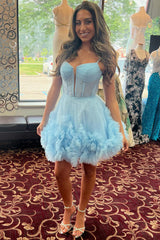 Glitter Blue Corset Tulle A-Line Tulle Short Homecoming Dress/Mini Dress With Pocket