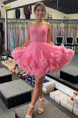 Glitter Pink Corset Tulle A-Line Tulle Short Homecoming Dress/Mini Dress With Pocket