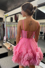 Glitter Pink Corset Tulle A-Line Tulle Short Homecoming Dress/Mini Dress With Pocket