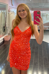 Sparkly Orange Spaghetti Straps Short Tight Homecoming Dress/Mini Dress