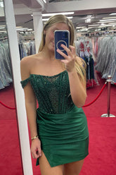 Sparkly Dark Green Detachable Off the Shoulder Satin Tight Short Homecoming Dress/Mini Dress with Sequins