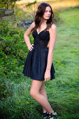 Black A Line Backless Halter Short Homecoming Dress/Mini Dress with Lace