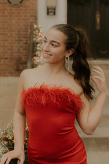 Red Satin Tight Short Homecoming Dress/Mini Dress with Feathers