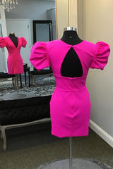 Simple Fuchsia V-Neck Short Sleeves Tight Short Homecoming Dress/Mini Dress