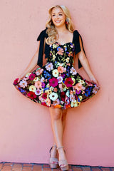 Black A Line Flower Print Short Homecoming Dress/Mini Dress