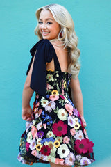 Black A Line Flower Print Short Homecoming Dress/Mini Dress