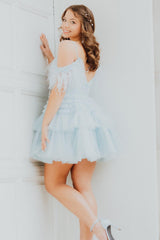 Blue Ruffled Short Homecoming Dress/Mini Dress With Feathers